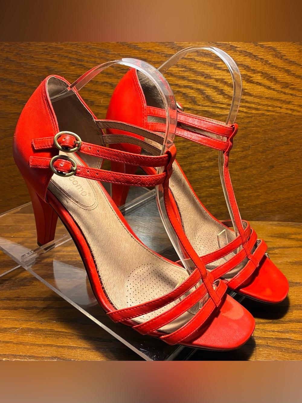 Corso Como T-Strap Strappy Heels Coral Red Leather Sandals Size 9